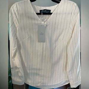 ELIZABETH & CLARKE Cream Pinstripe Long Sleeve V-Neck Top Unsustainable NWT
